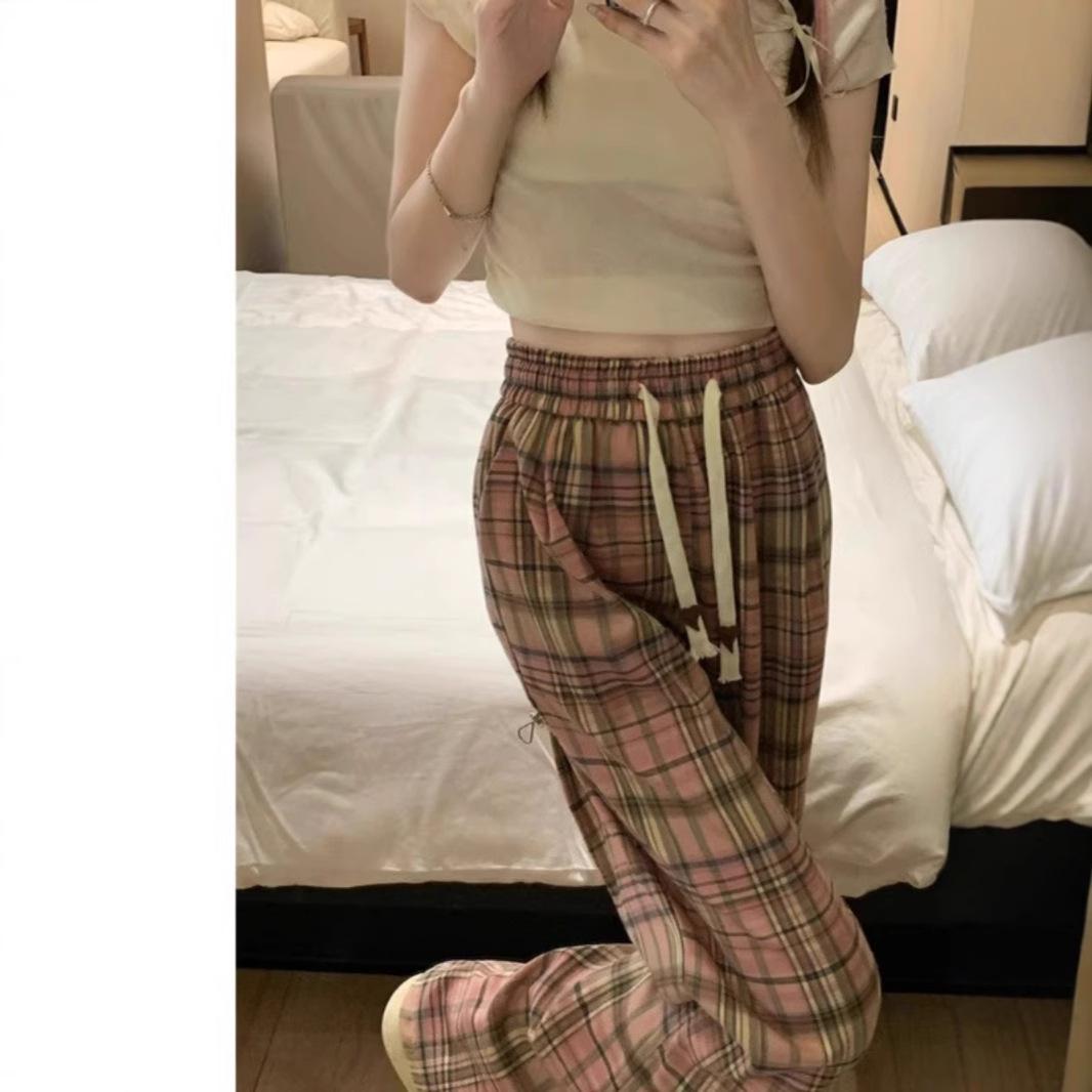 

Petite Women s Pink Plaid High Waist Cropped Pants, Drawstring Slim-Fit, Trendy Wide Leg, XS (145CM, 150) XL (116-125 jin)