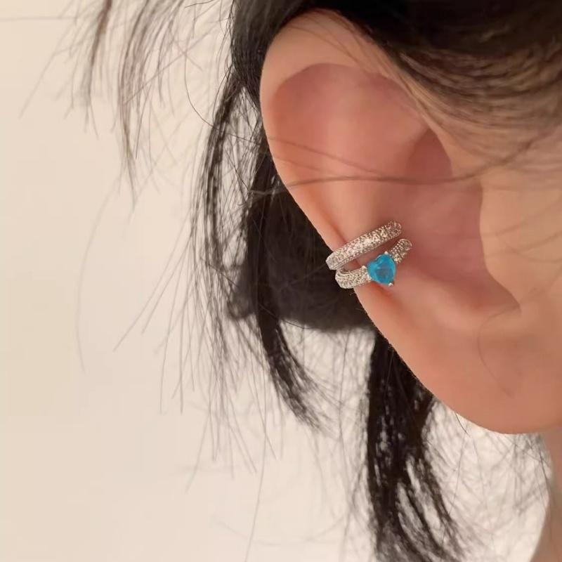 2Pcs Fake Piercing Clip Earrings Delicate Blue Heart Zircon Buckle Ear Cuff Cartilage Ear For Women  Jewelry Gift