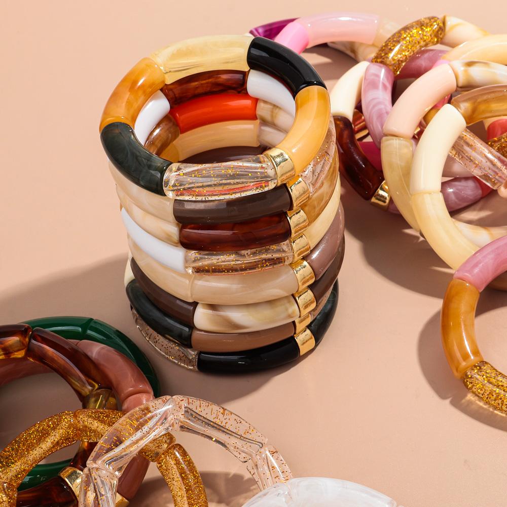 Nieuwe Grote Bamboe Buis Acryl Stapelarmband voor Vrouwen Mannen Vintage Kleurrijk Hars Dikke Elleboog Kralen Elastische Armband Koppel Sieraden