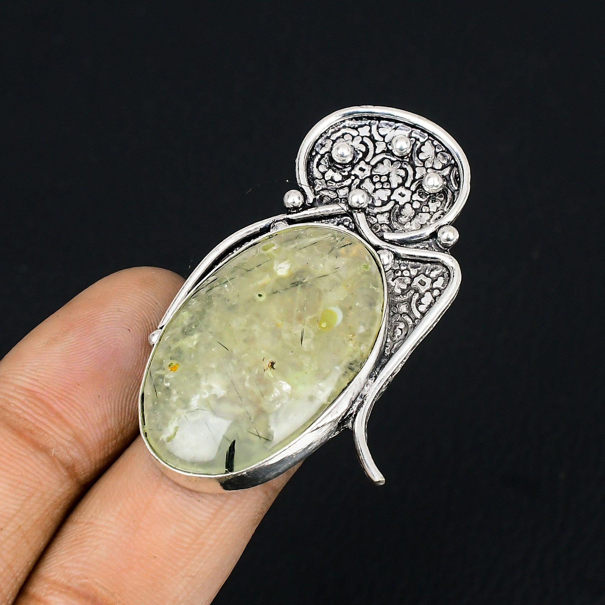 Daughters Day Sale 925 Silver Moss Prehnite Stone Solitaire Mother Ring US 6.5 6.5