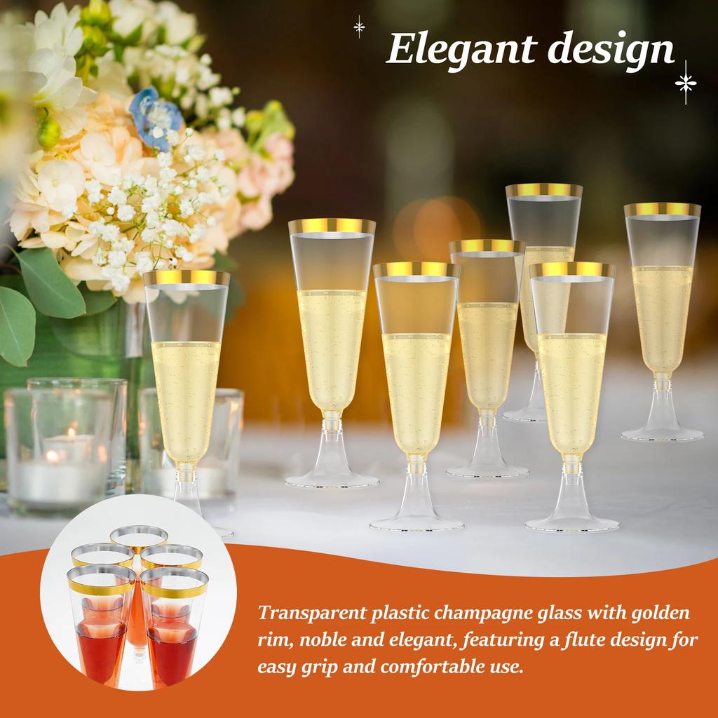 50Pcs Plastic Champagne Flutes Gold Trim Champagne Flute Easy To Grip Mimosa Glasses for Weddings Parties Cocktail Cups