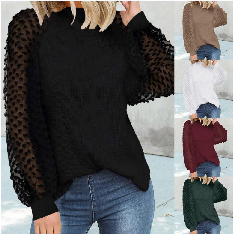 New Spring and Autumn Women's Round Neck Long Sleeve Lace Patchwork Loose T-Shirt Top