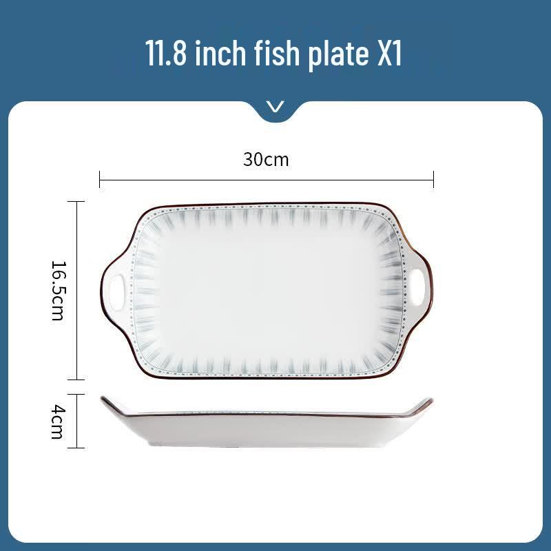 KANGMO 11.8-inch Underglaze Ceramic Double-Ear Fish Plate