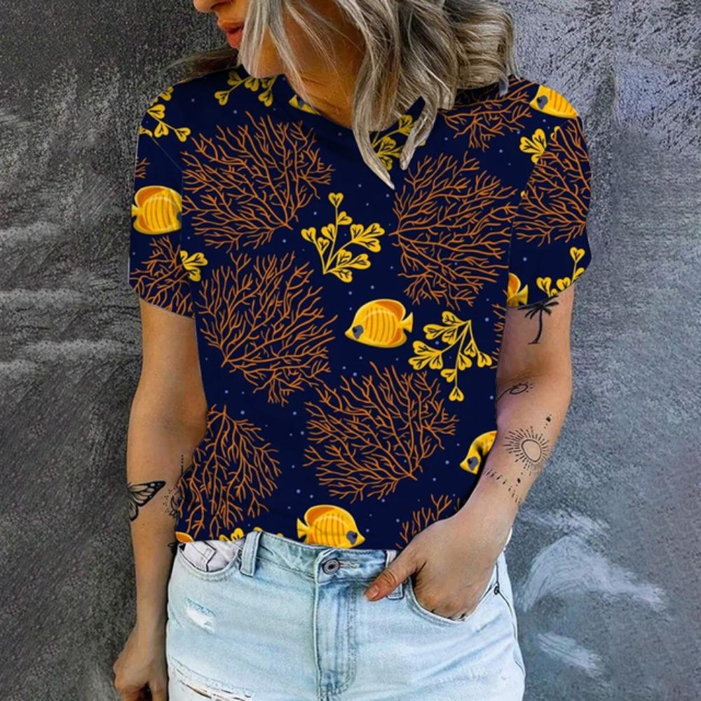 Women's T-Shirts Seahorse Fish Scallop 3D Print O-Neck Short Sleeve T Shirt Harajuku Tops Oversized Y2k Tees Female Clothing