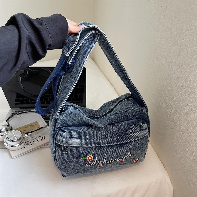 Fall 2025 New Denim Handbag Embroidered Niche Design Fashionable Simple Commuter Crossbody Bag