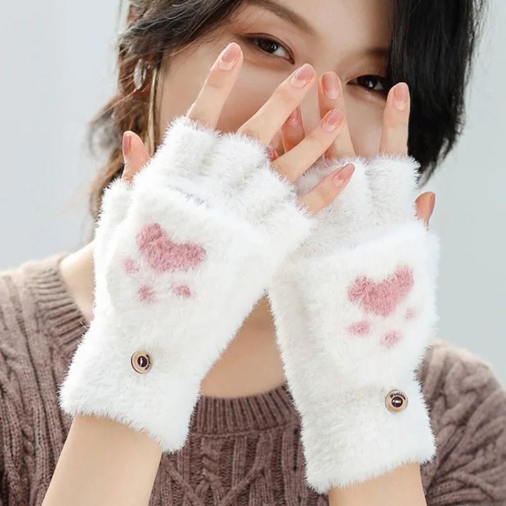 Paw Claw Knitted Finger Gloves Soft Plus Short Fingerless Gloves Winter Mittens for Women Girls