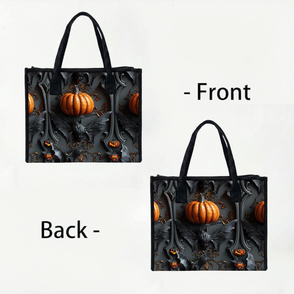 Halloween Gothic Pumpkin Bat Pattern Tote Bag Fashion Durable Daily Use Shopping Shoulder Handbag