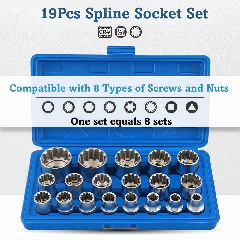 19 Pcs 8-32mm Spline Socket Set Metric Socket Wrench Set 12 Point Socket Set  Repair Tool