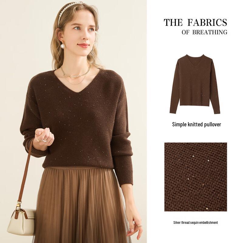TUHUANG Women's Thick Wool Sequined V-Neck Sweater