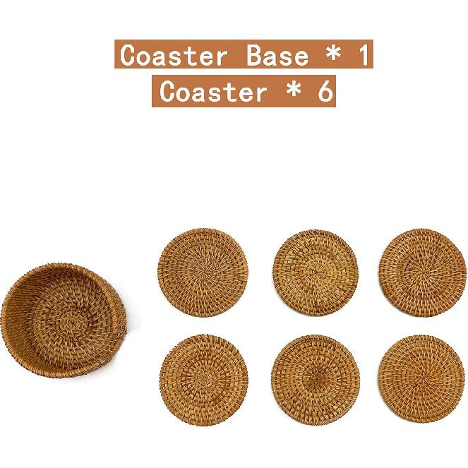 Rattan Coasters Set of 6 - Handwoven Wicker Coasters for Wooden Table, Brown with Holder (3.9 inch)