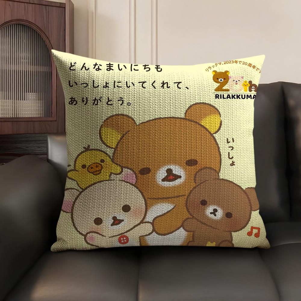 Cute Cartoon Anime R-Rilakkuma Cushion Cover Natural Linen Organic Fabric Double-Sided Printing Sofa Home Decor Gift Pillow Case