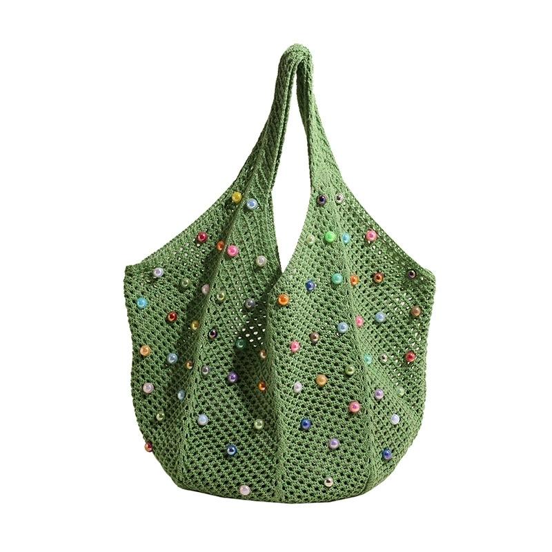 Summer Commuting Woven Bag for Women Single Armpit Bag, Fashion Large Capacity Tote Bag, Beach Pearl Hollow Handbag Shoulder Bag