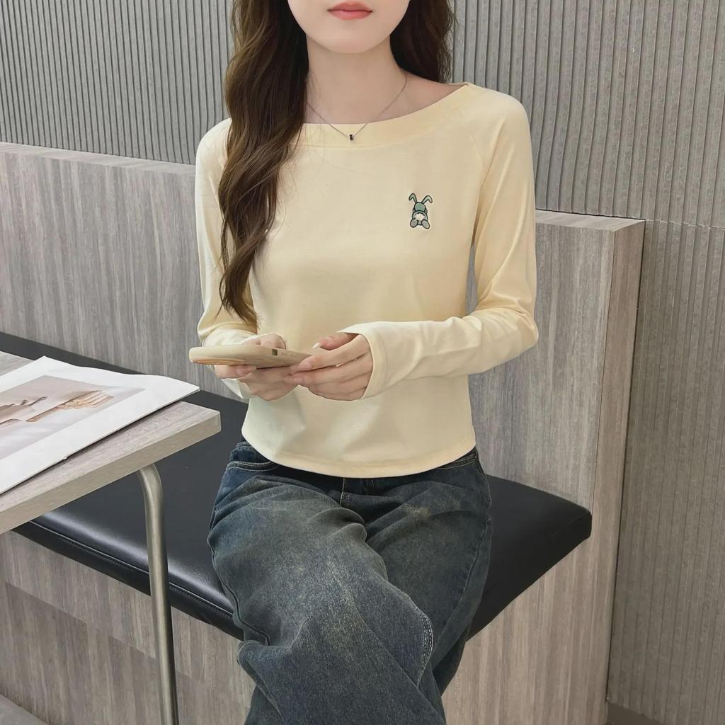 Damen 2024 Herbst Slim Fit Baumwolle Langarm Rundhals Besticktes Oberteil