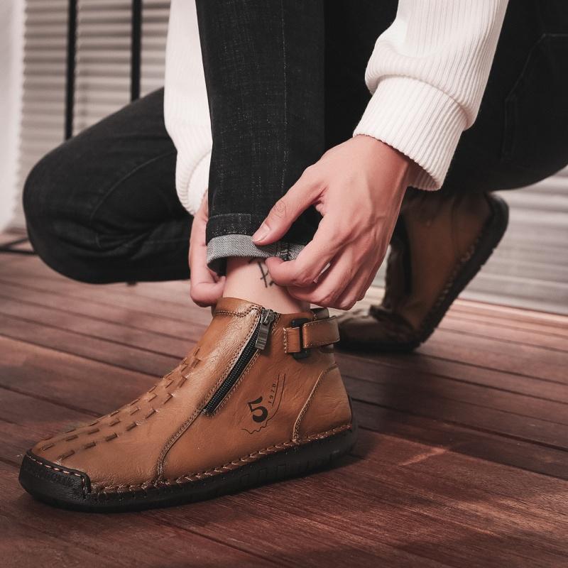 New Classic Handmade Leather Men Shoes Zipper Design Outdoor Sneakers Slip On Breathable Casual Shoes Leather Men Ankle Boots