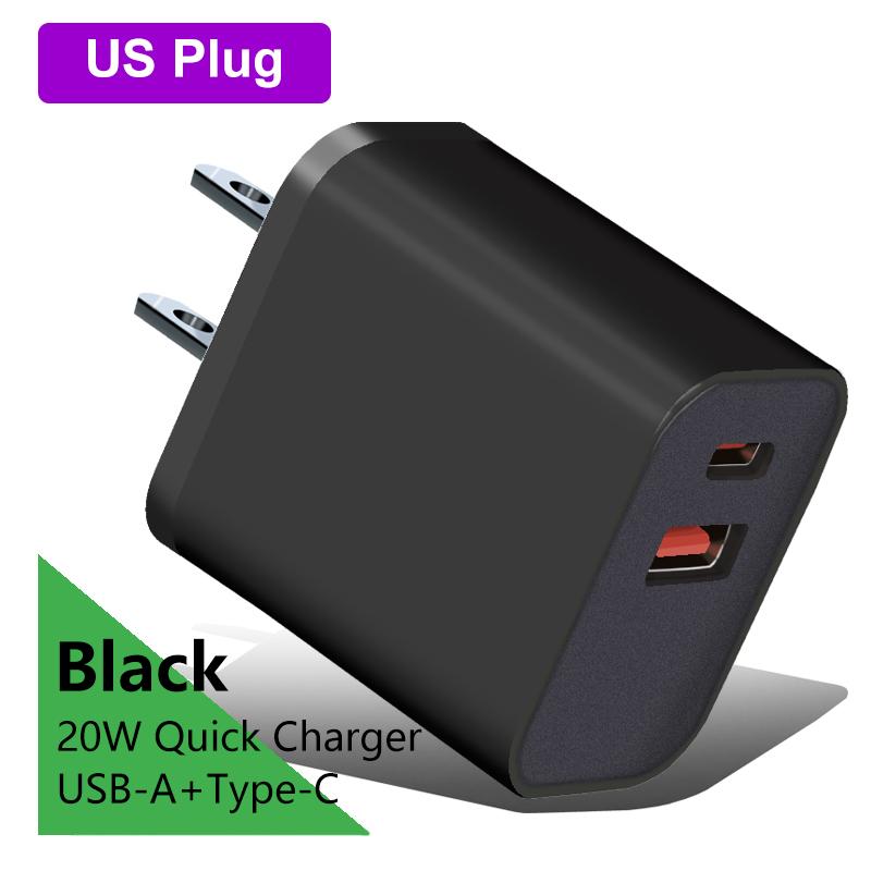 

2 шт. USB-A + Type-C, 20 Вт, вилка европейского/американского стандарта, 5 В, 3 А, быстрое зарядное устройство, зарядная головка для мобильного телефона, подходит для Iphone 15, Huawei, Samsung, Xiaomi Redmi US чёрный