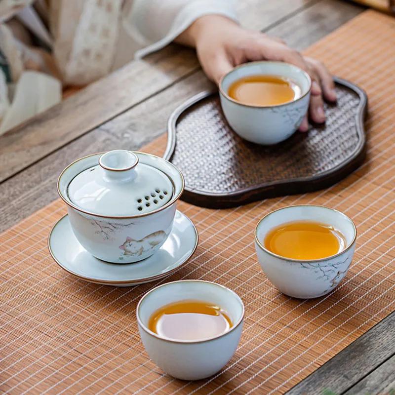 Chinese Ru Kiln Ceramic Gaiwan Cute Cat Pattern Filter Teacup Travel Portable Handmade Tea Bowl Home Tea Set Drinkware 150ml