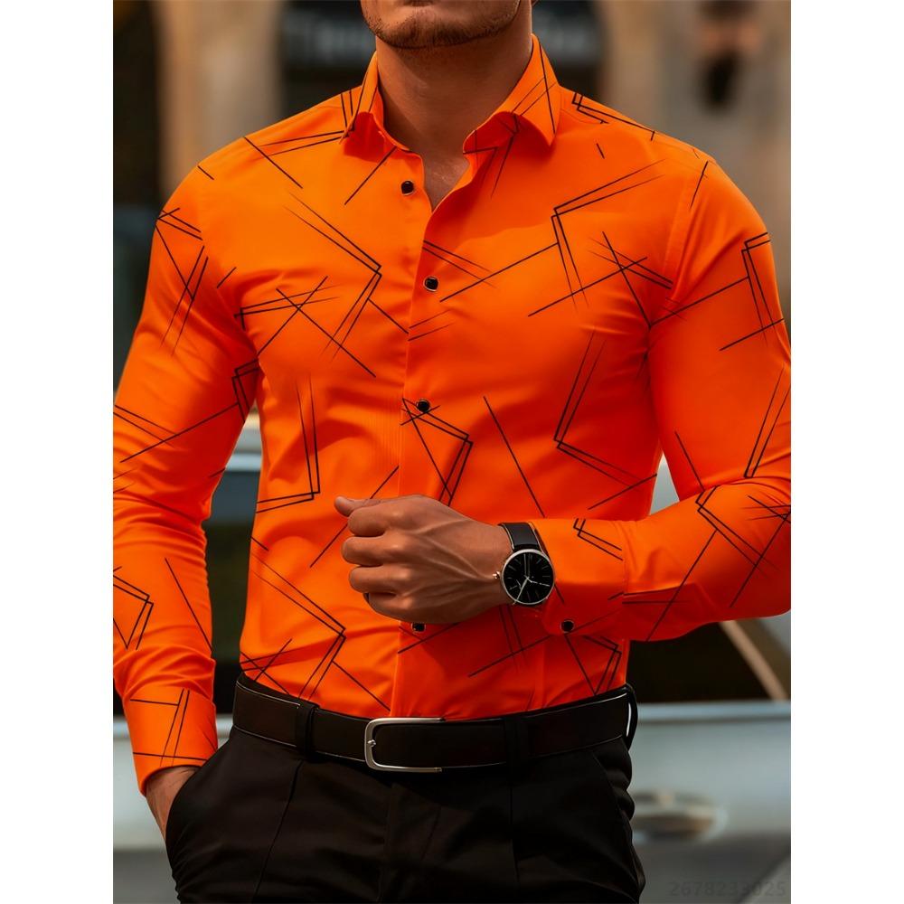 Camicia da Uomo alla Moda con Stampa Geometrica a Linee a Maniche Lunghe Design di Moda Business Casual Vestibilità Slim Non Stiro Versatile Camicia Stile Ins