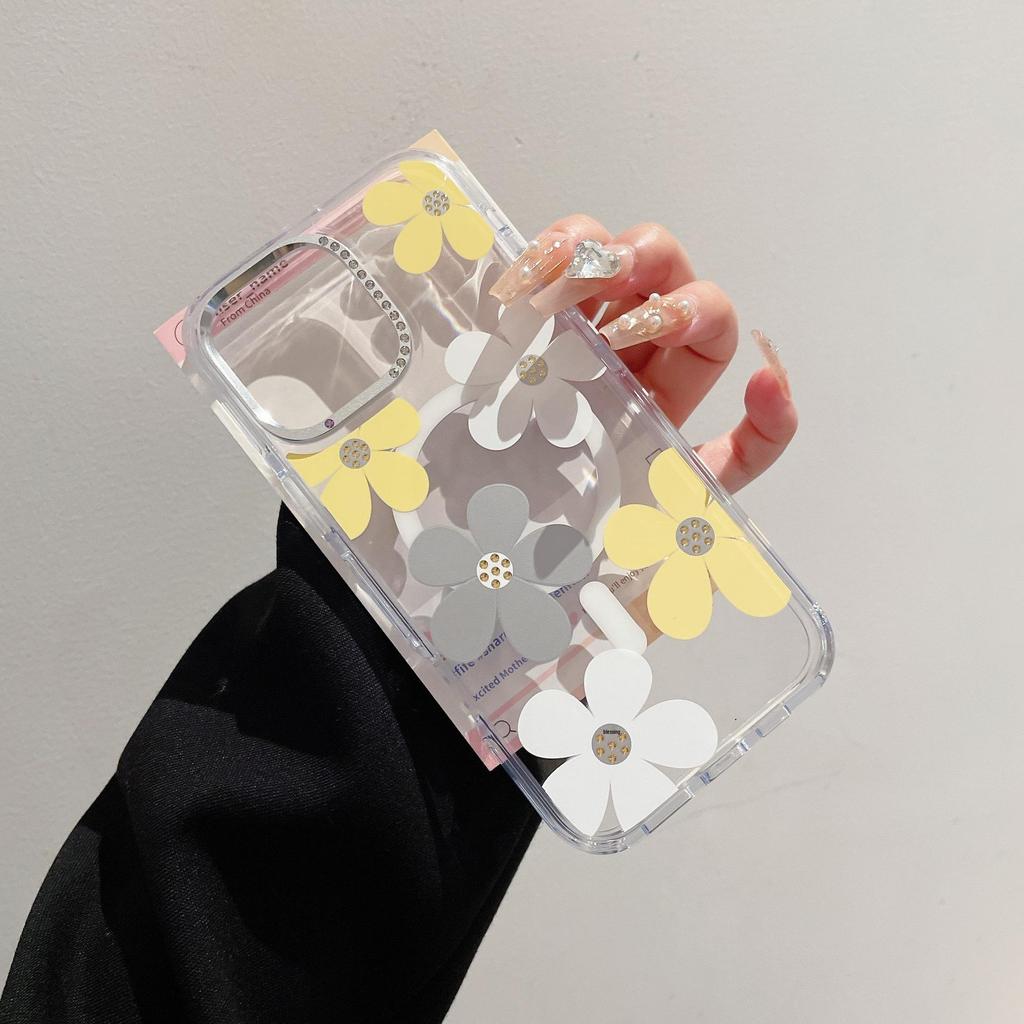 Floral Transparent Magnetic Bow Diamond Lens Case for iPhone 17 Pro Max