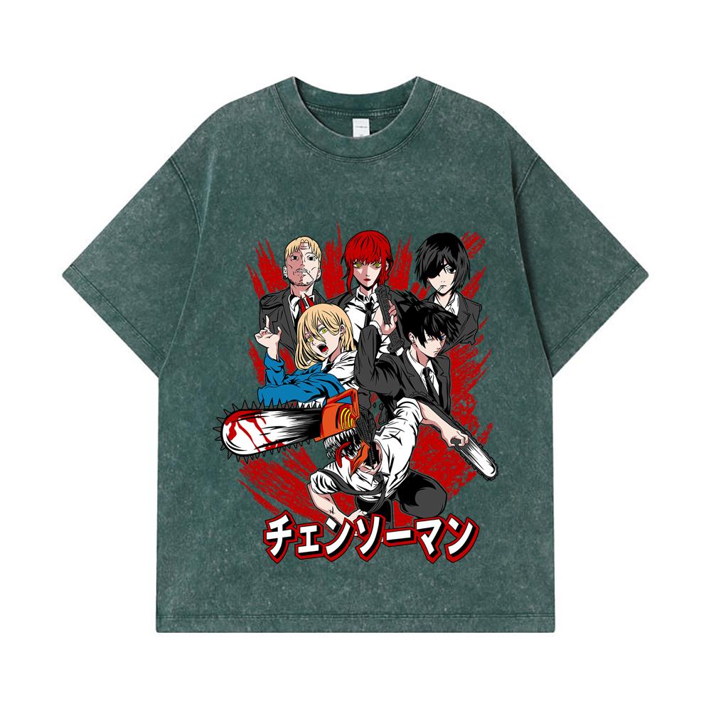 275 GSM Washed T-shirts 100% Cotton Chainsaw Man V19 Print Unisex Heavy Cotton T Shirt