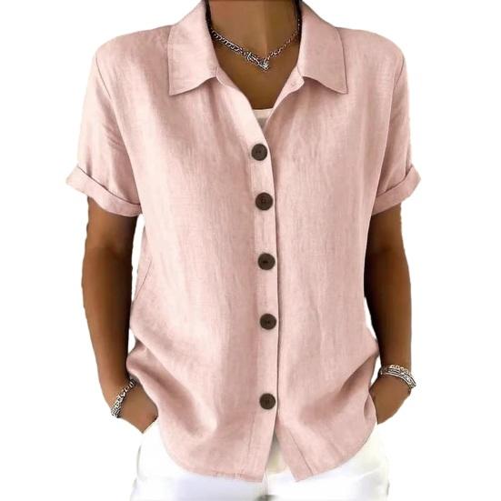 Women Tops Lapel Short Sleeve Buttons Placket Shirt Tops Pure Color Loose Fit Casual Style Shirt Home Dates Versatile Wear