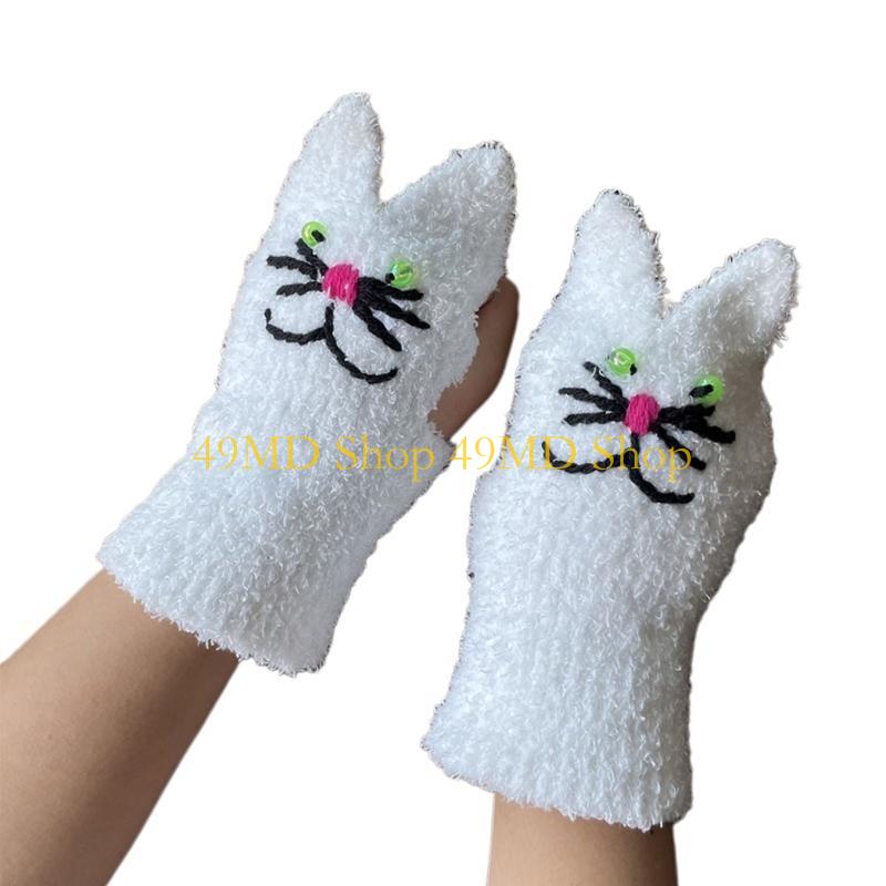 49MD Touchscreen Half-finger Gloves Women Knitted Mitten Fashion Embroidery Glove