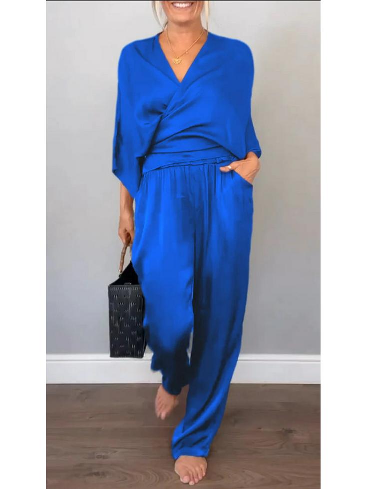 European and American Solid Color Satin Women's Summer Short-Sleeve Top & Pants Set (2025)