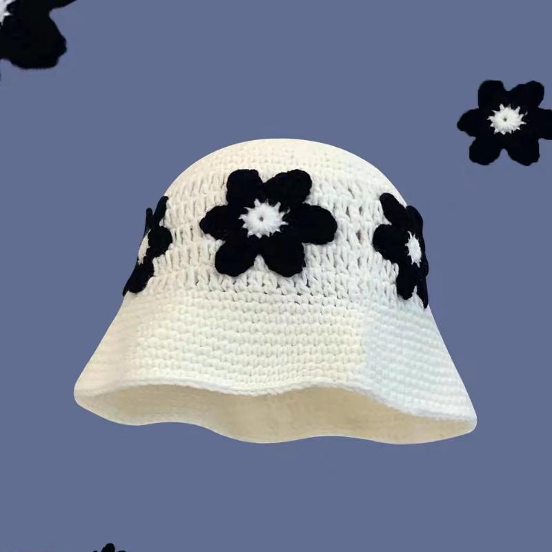 2023 Autumn New Crochet Korean Handmade Bucket Hat Women Weaving Knitted Hat Y2k Fashion Flowers Autumn Winter Beanies Basin Cap