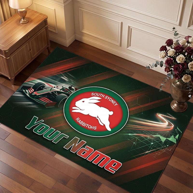South Sydney Rabbitohs Personalized Crystal Velvet Carpet, Customized Name Text Soft Anti‑Slip Rug for Living Room Bedroom