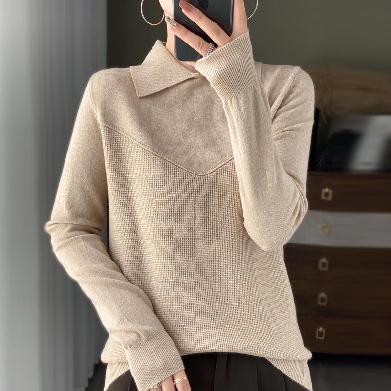 

В язаний светр з лацканами, з довгим рукавом, однотонний - Новинка 2024, універсальний, приталеного крою Medium