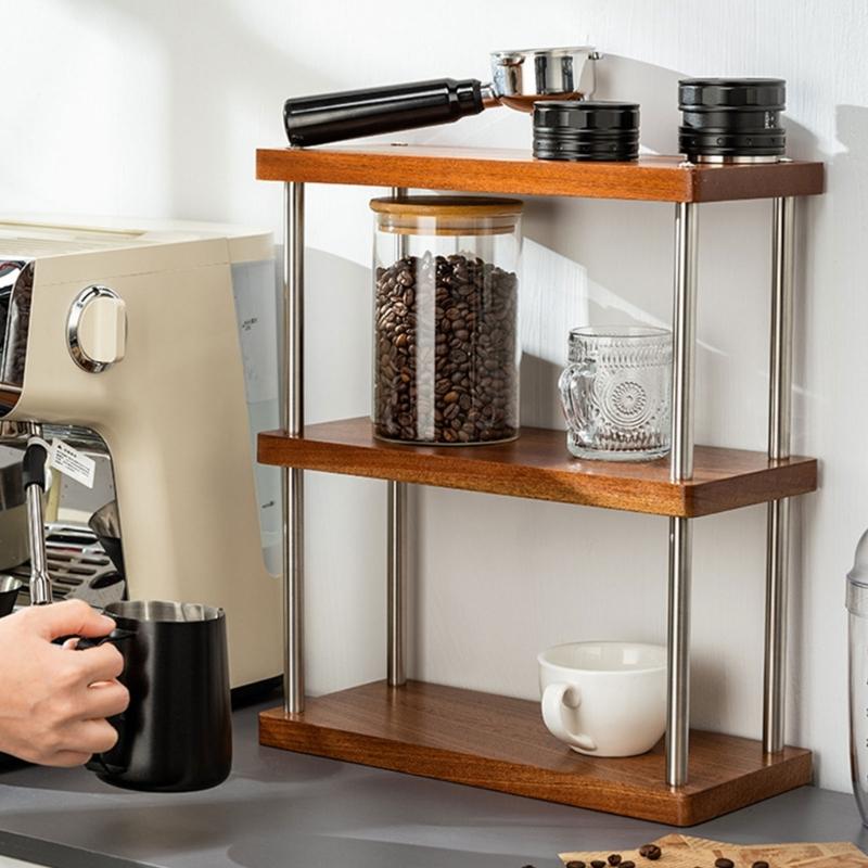 Multifunctional Wood Rack with 3 Layers Coffee Cup Display Stand Multilayer Storage Shelf Practical Cup Organizers