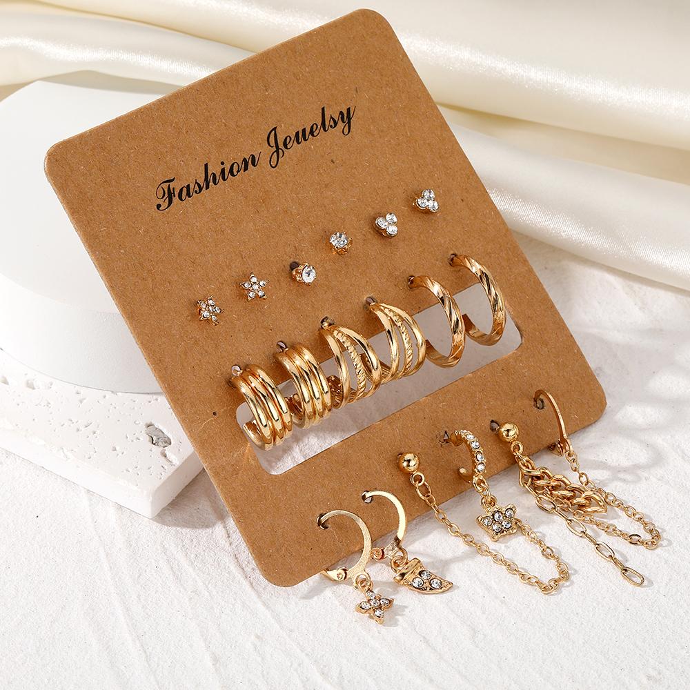 18-teiliges Set Studentenzubehör Geschenk Diamant Deluxe Ohrring Set Dreilagige Ohrringe Mädchen Party Quaste Hohl Schmetterling Süßes Ohrring Set