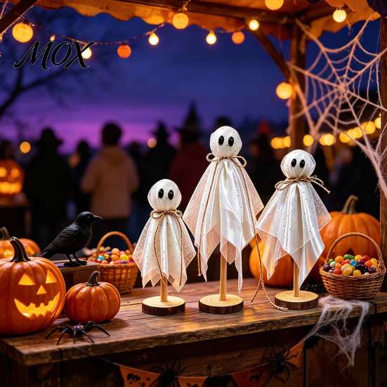 Playful Ghost Table Centerpieces 3 Pcs Halloween Ghosts on Wooden Stand, Vintage Rustic Fabric Sparkling Foam Ball Crafts Figures, Spooky Tabletop