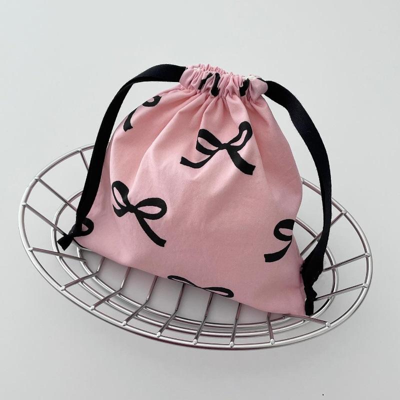 Bow Printed Mini Drawstring Bag Cosmetic Organizer Sweet Storage Pouch for Women Girls