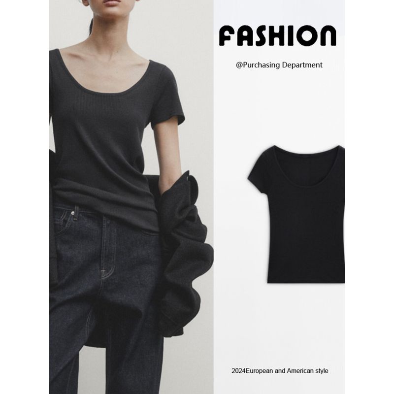 Za2024 Summer New Product Women's Clothes Casual Wind Pure Color Silm Rib U-Shaped Collar Short Sleeve T-shirt 06852578818