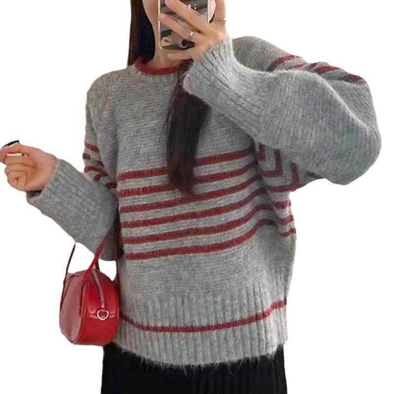 Korean Style Striped Pullover Sweater for Women - Soft, Fluffy, Round Neck, Versatile Knitwear for Autumn/Winter