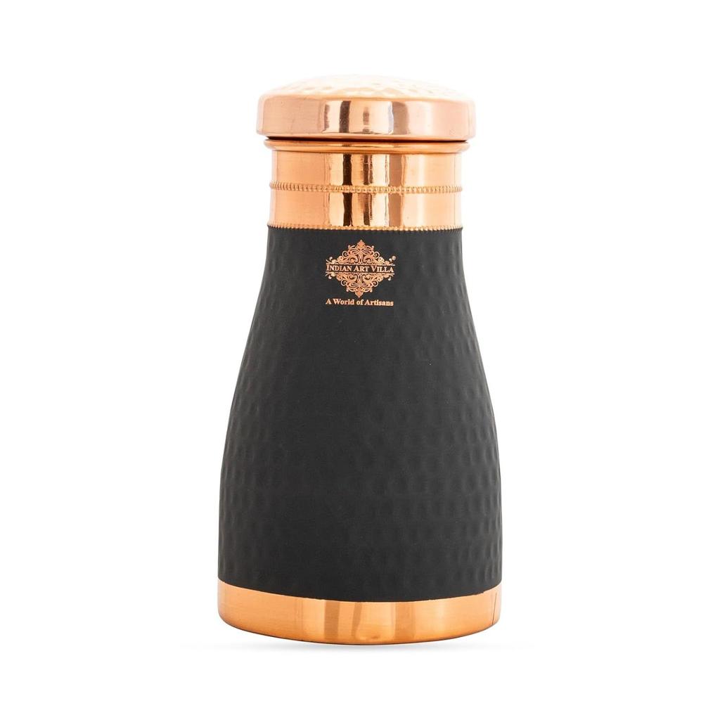 Pure Copper Bedroom Bottle with Inbuilt Glass, Grey Silk Finish Hammered Design - Drinkware & Storage Purpose, Volume 900 Ml (Pack of 1)