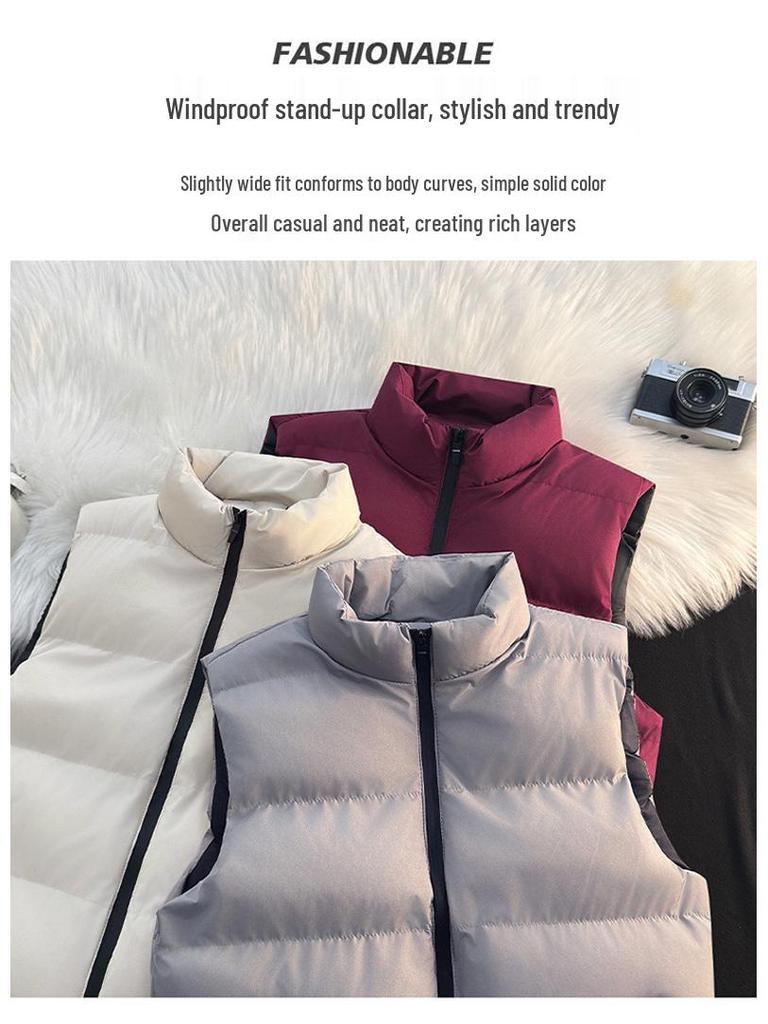 Men's Winter Stand Collar Thick Cotton Vest: Trendy, Windproof, Pure Color, Warm Shawl Jacket