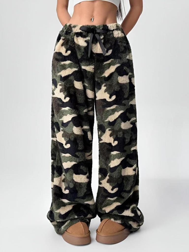 Women Leopard Print Wide Leg Pants Elastic Waist Drawstring Casual Loose Long Trousers