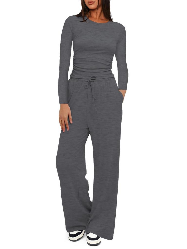 Solid Color Casual Long Sleeve Top and High Waist Wide Leg Pants Sportswear Set