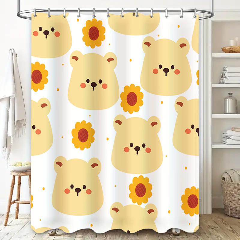 Adorable Yellow Bear Sunflower Shower Curtain For Bathroom Decor Creative Home Decoration Waterproof Fabric Backdrop