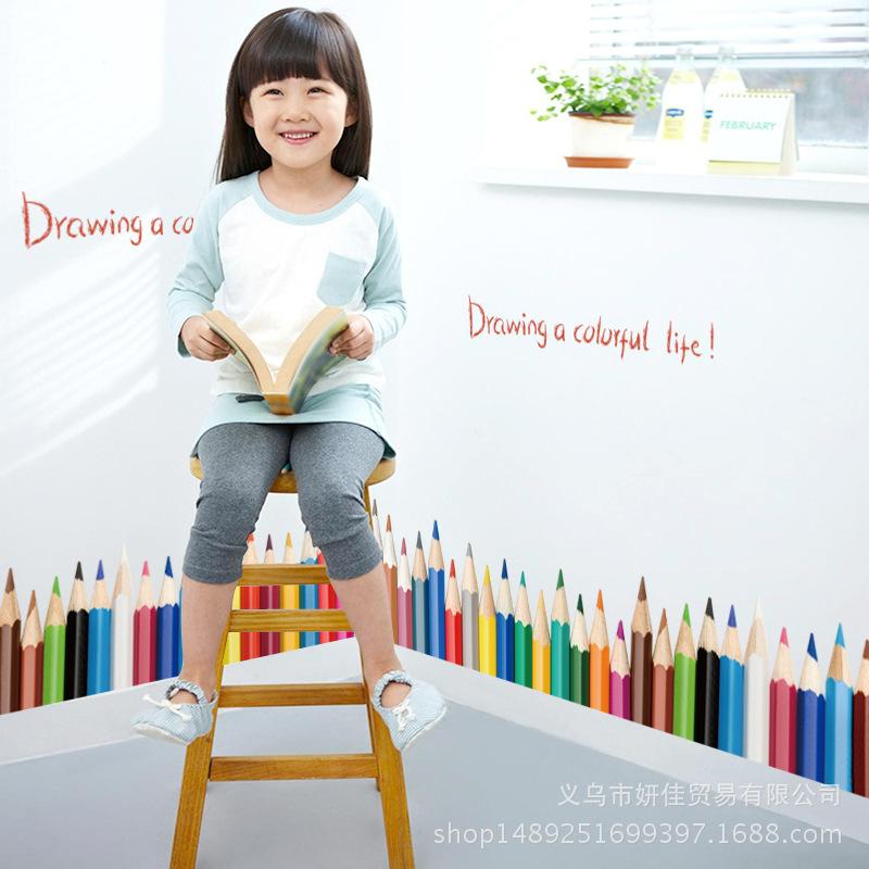 Rainbow Pencils Wall Border for Kids Nursery Waterproof Bedroom Decoration Stickers for Wall and Baseboard