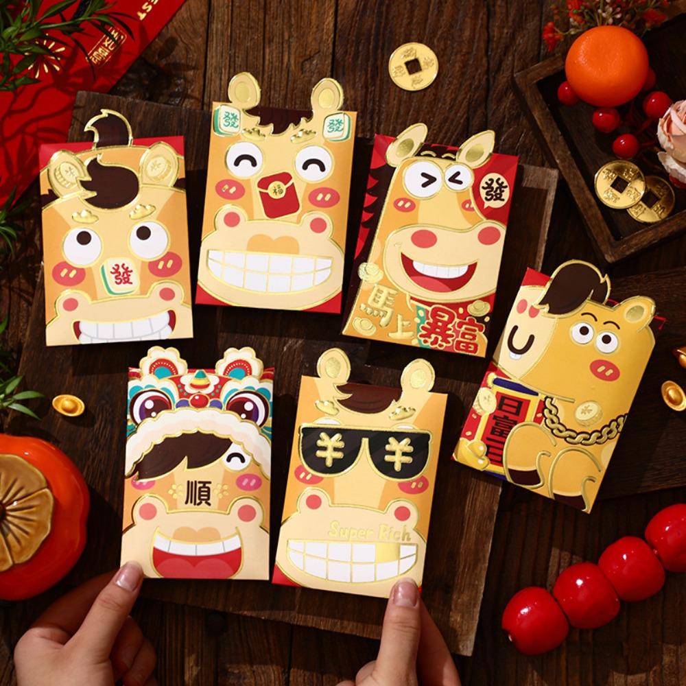 6pcs Red Color Chinese Red Envelopes Cartoon Cartoon Red Packets New Year Red Hongbao  Birthday Gift