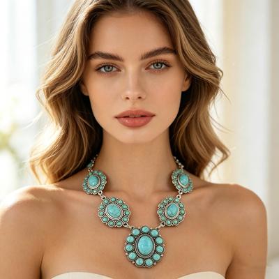 Bohemian Turquoise Enamel Jewelry Set, Oval Pendant Necklace & Earrings,Vintage Turquoise Beaded Jewelry Set, Retro Enamel & Gold-Tone Layered Design