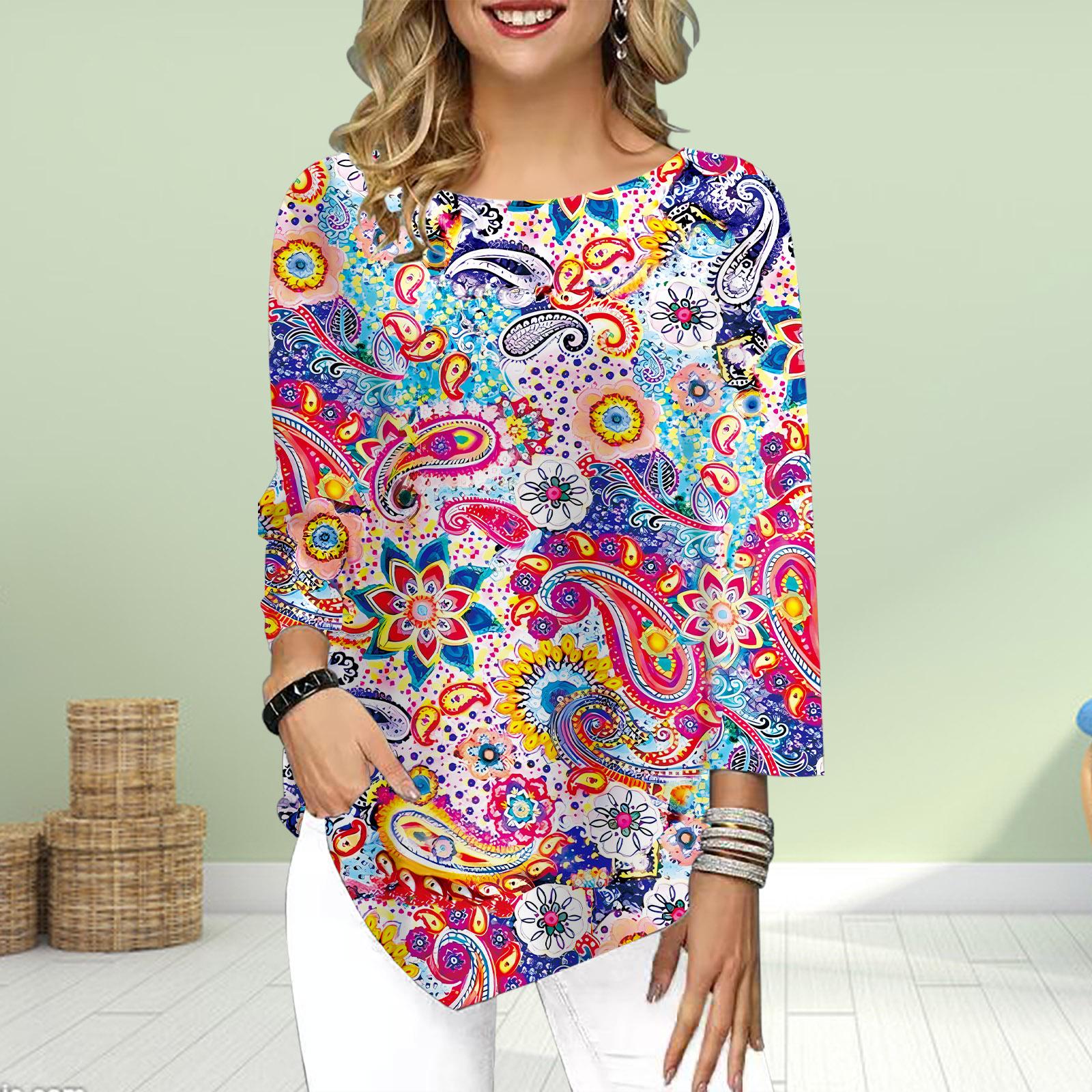 

Женская футболка с рукавом три четверти и круглым вырезом, свободные рубашки, повседневные футболки с принтом из кешью 8XL разноцветный