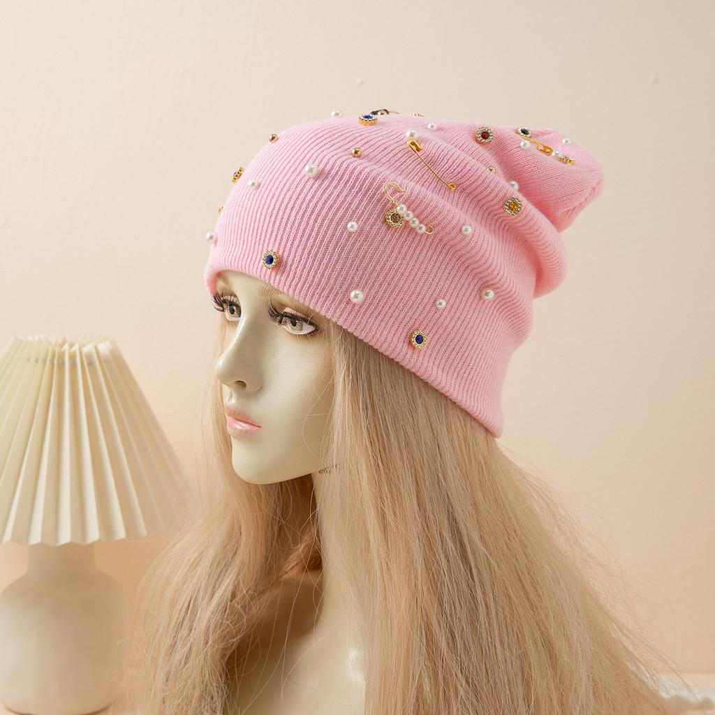 

Acrylic Knit Hat For Men And Women With Rhinestone Embellishments And Geometric Pattern For Winter Wear рожевий