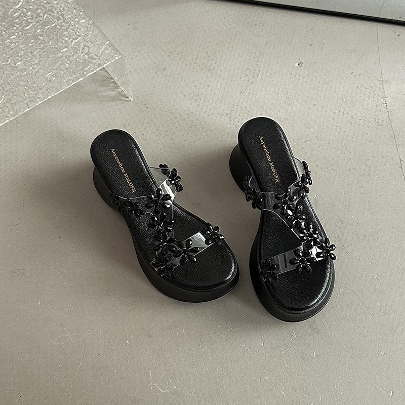 

Модные шлепанцы на платформе, сандалии с цветком из стразов, женские летние, корейская версия, тонкие и универсальные, фея, танкетка, крутые шлепанцы 34 чёрный