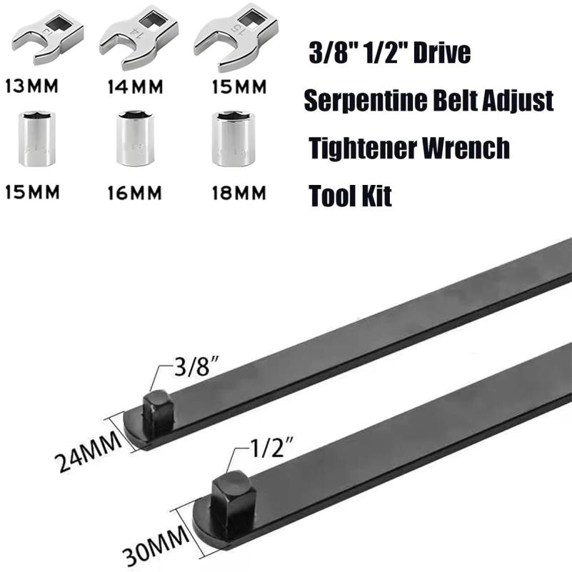 Universal Serpentine Belt Tensioner Tool Kit 8PCS 3/8" & 1/2" Drive Adjustable Wrench for Automotive Repair
