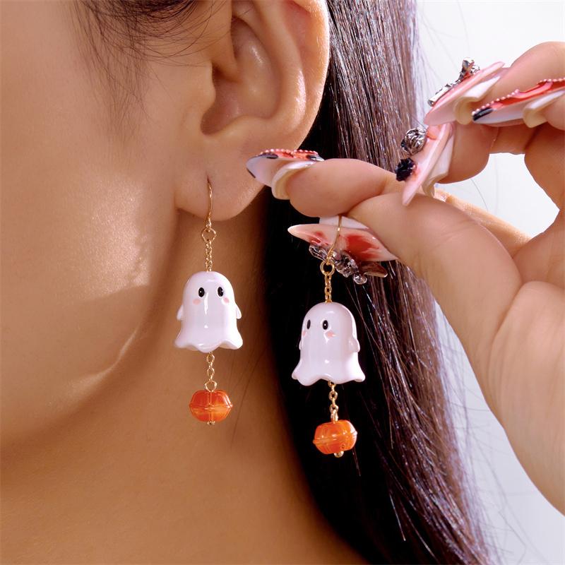 Halloween Cartoon Ghost Earrings for Women Asymmetrical Pumpkin Ghost Long Tassel Earrings Festival Party Jewelry Accessories