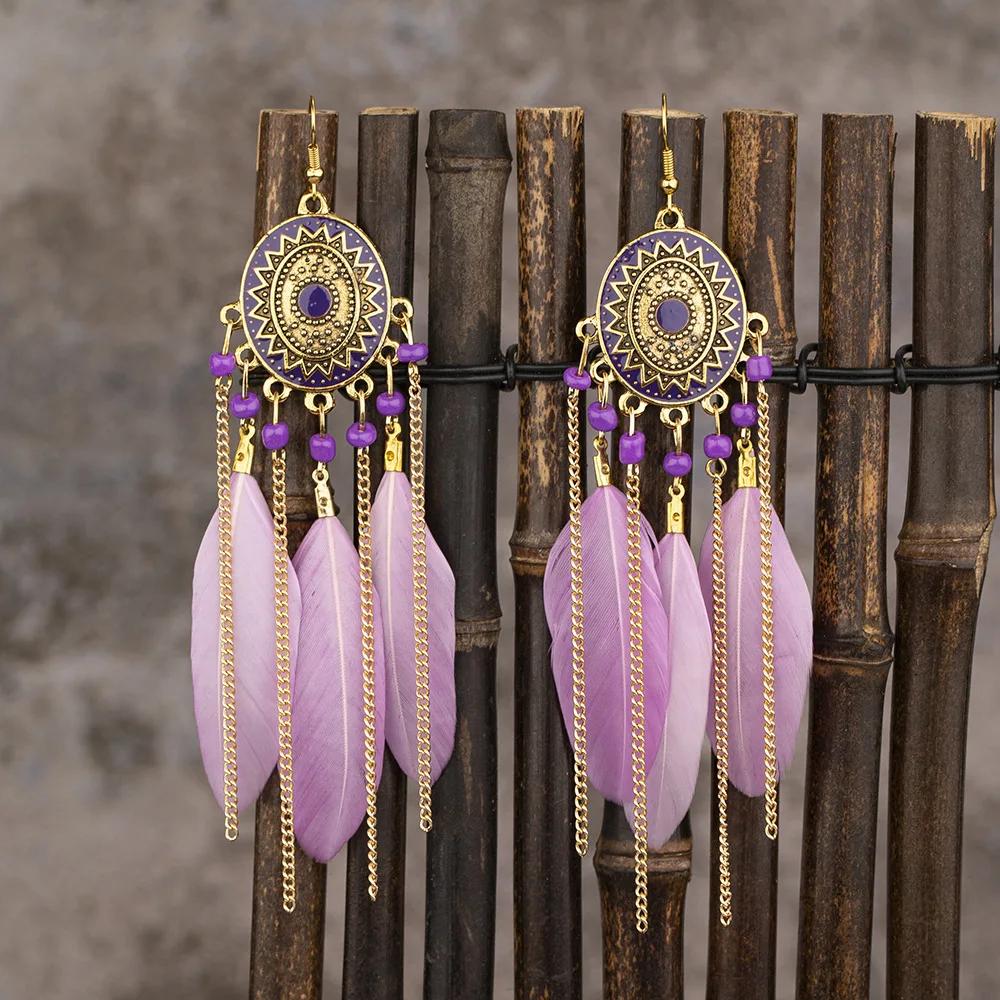 Ethnic Colorful Feather Tassel Earrings For Women Long Chain Beads Drop Dangling Earrings Girls Vintage Jewelry Accessories