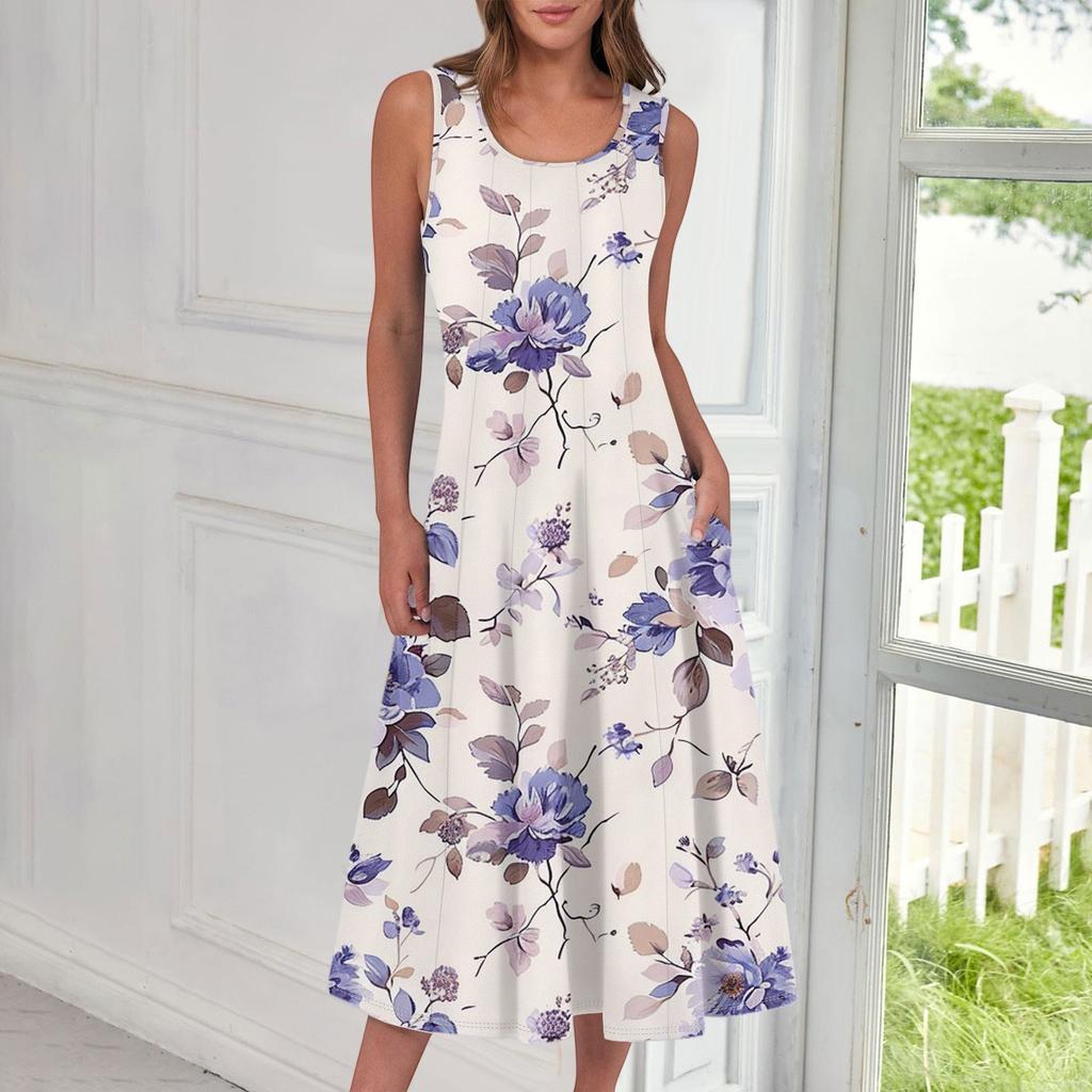 Women's Casual Fashion Floral Print Round Neck Sleeveless Midi Dress